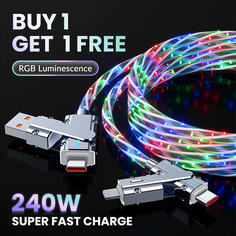 4-In-1 Data Cable Set with 1-to-4 Fast Charging Capability and Universal Car Adapter for Type-C, Apple, Huawei, and Android Devices