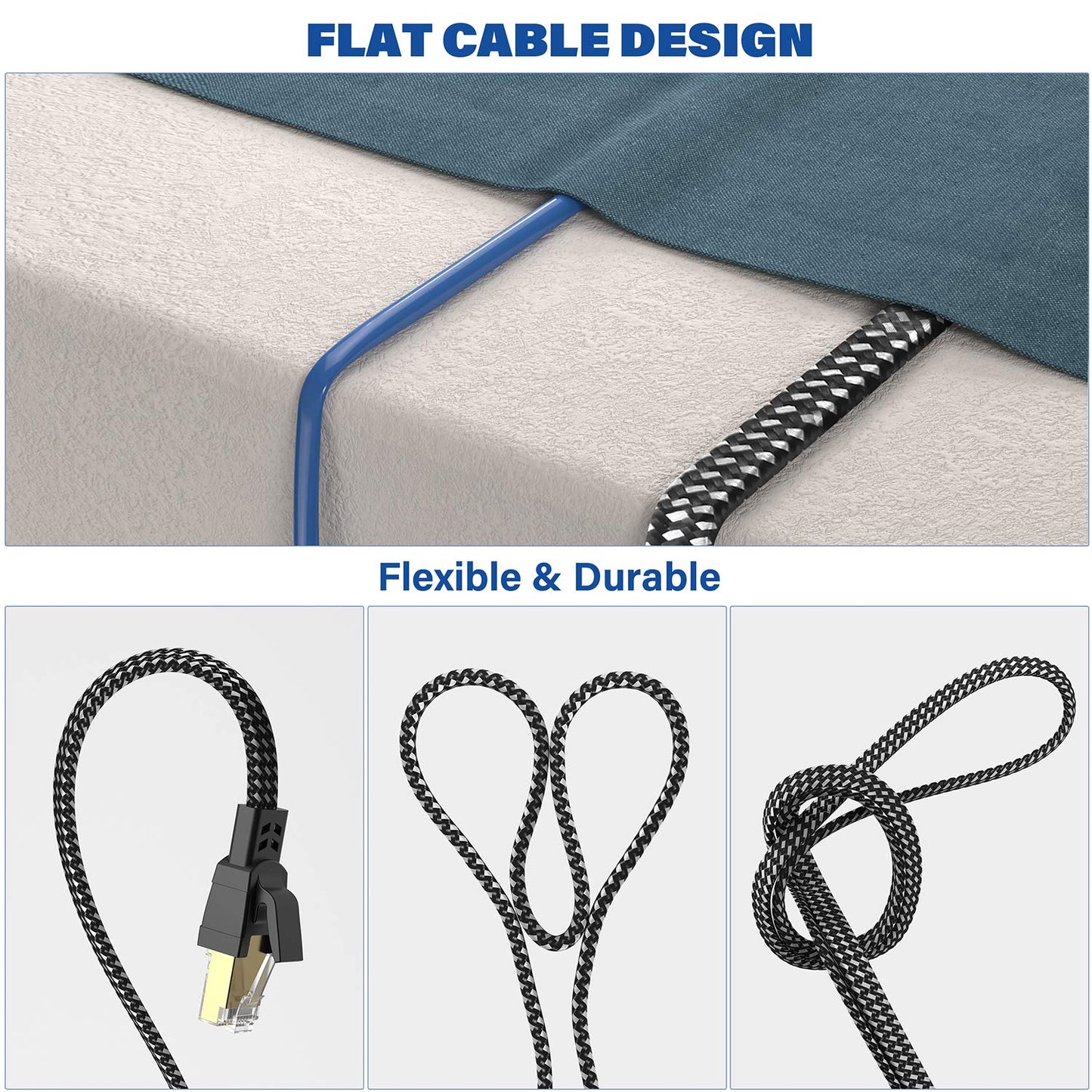 High-Speed Cat 8 Ethernet Cable 15 Ft - Nylon Braided, 40Gbps, Shielded SFTP Flat Network Cord for Modem, Router, Gaming & PC - Indoor/Outdoor Use