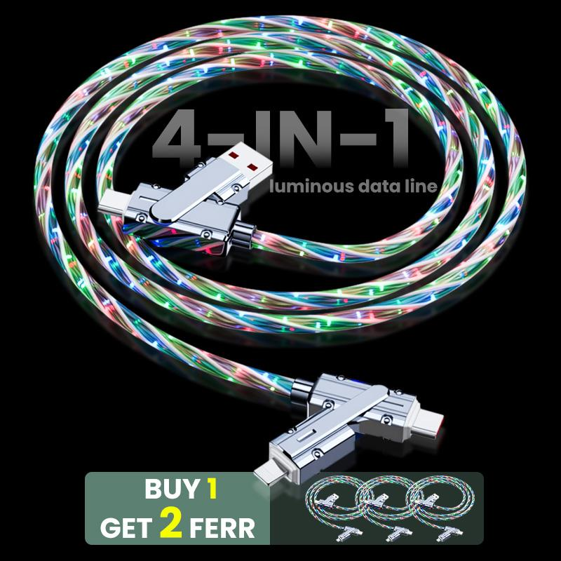 4-In-1 Data Cable Set with 1-to-4 Fast Charging Capability and Universal Car Adapter for Type-C, Apple, Huawei, and Android Devices
