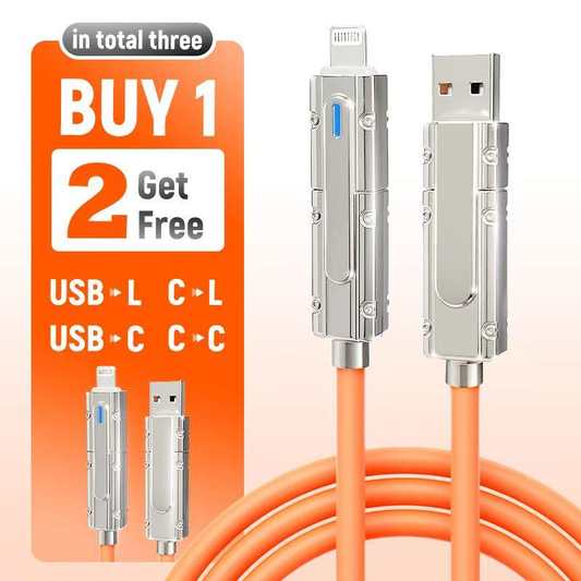 4-In-1 Data Cable Set with 1-to-4 Fast Charging Capability and Universal Car Adapter for Type-C, Apple, Huawei, and Android Devices